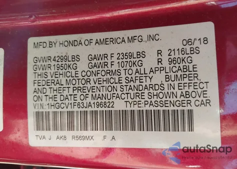 2018 Honda Accord Ex-L z USA, uszkodzony, nr VIN 1HGCV1F63JA196822